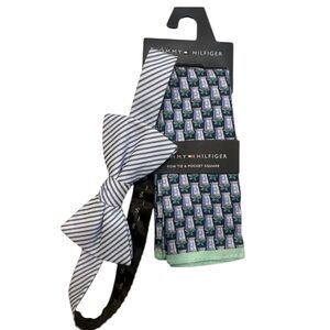 NEW! Tommy Hilfiger Blue and White Striped Bow Tie with Pocket Square Set